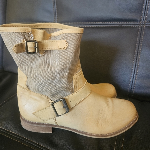 Anthropologie Lockeed Raw Leather & Canvas boots size 8.5 tan buckle shoes - Picture 6 of 10